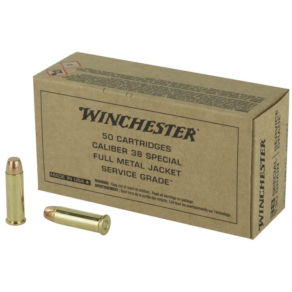 Winchester Service Grade38Spl130gr FMJ Brass Case 50rd box - Brass Casing