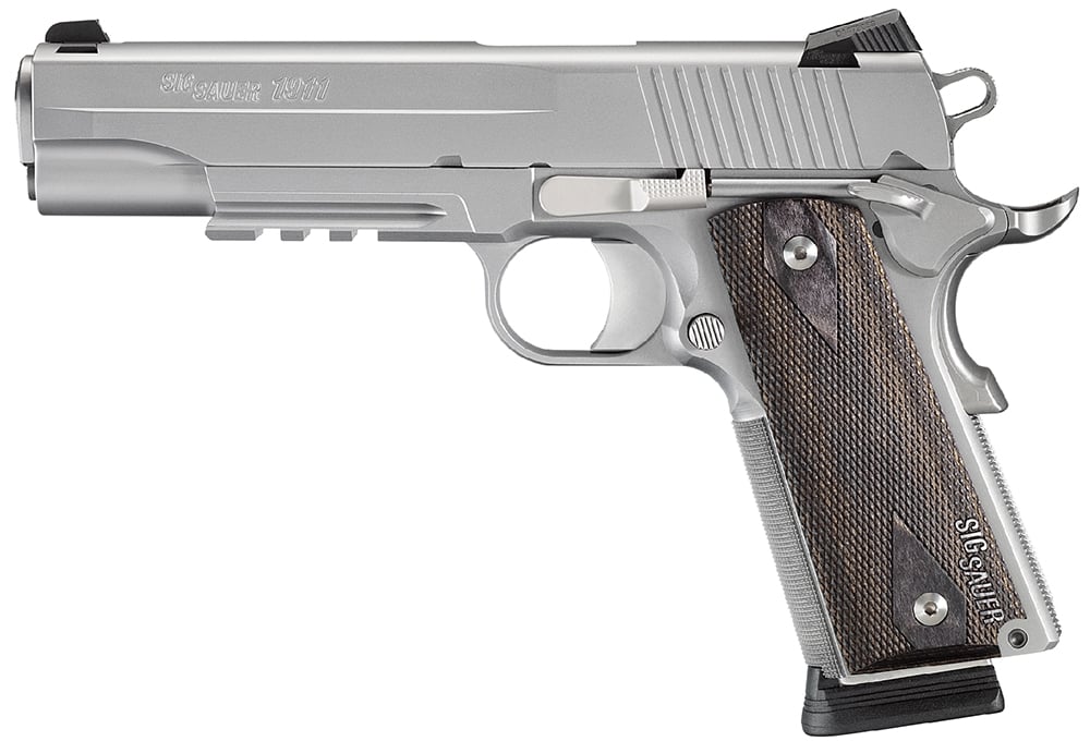 Sig Sauer 1911 CA .45 ACP, 5" Barrel, Stainless Rail, 8 Rounds - 8+1 Rounds | 5" Barrel | Wood Grips | Stainless/Silver | Night Sights