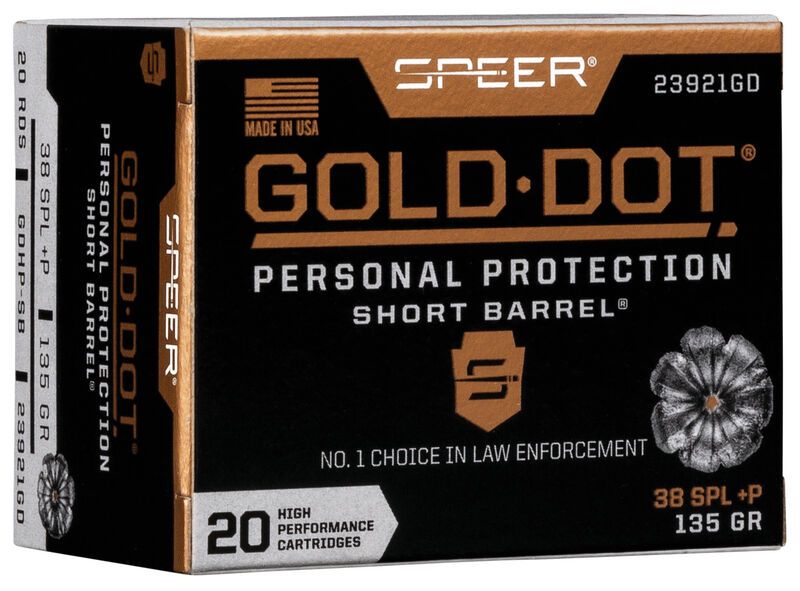 Speer Gold Dot Personal Protection .38 Spl +P 135 GR Hollow Point Short Barrel 20rd box - Nickel Plated Brass Casing