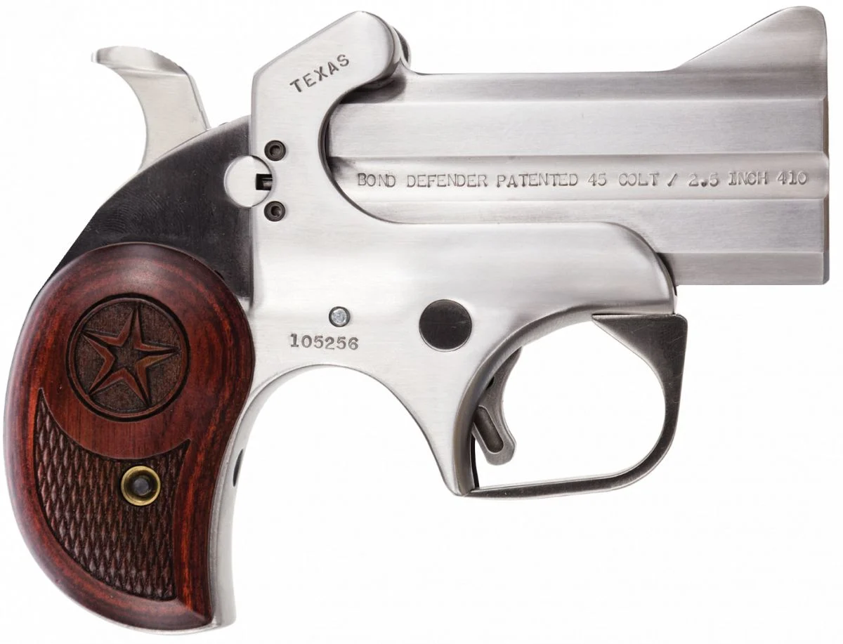 Bond Arms Texas Defender 410/45 Long Colt Derringer - 2 Rounds | 3" Barrel | Wood Grips | Stainless/Silver