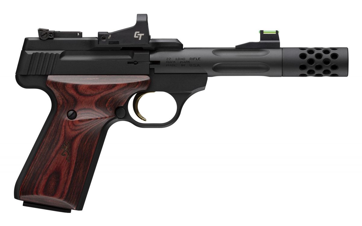 Browning Buck Mark Hunter 22LR Semi Auto Pistol - 10+1 Rounds | 4.4" Barrel | Wood Grips | Blue/Black | Optics Included Sights