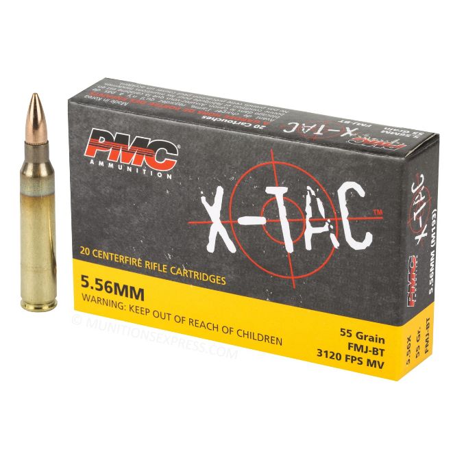 PMC X-TACFull Metal Jacket Boat Tail 5.56 NATO Ammo 55gr 20 Round Box - Brass Casing