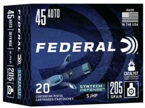 Federal Syntech Defense .45 ACP 205 GR Segmented Jacketed Hollow Point (SJHP) 20 Bx/ Cs - Nickel Plated Brass Casing