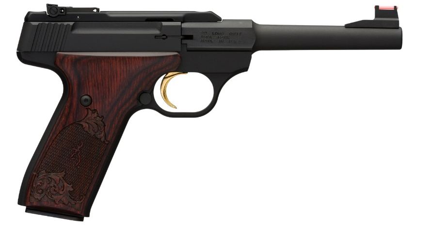 Browning Buck Mark Challenge 22 LR, 5.5" Barrel, Black, Rosewood Grip, 10 Rounds - 10 Rounds | 5.5" Barrel | Wood Grips | Blue/Black | Night Sights