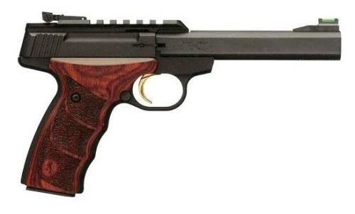 Browning Buck Mark Plus 22 LR 10+1 5.50" Slab Side Barrel Matte Black Serrated Steel/Optic Ready - 10+1 Rounds | 5.5" Barrel | Wood Grips | Blue/Black