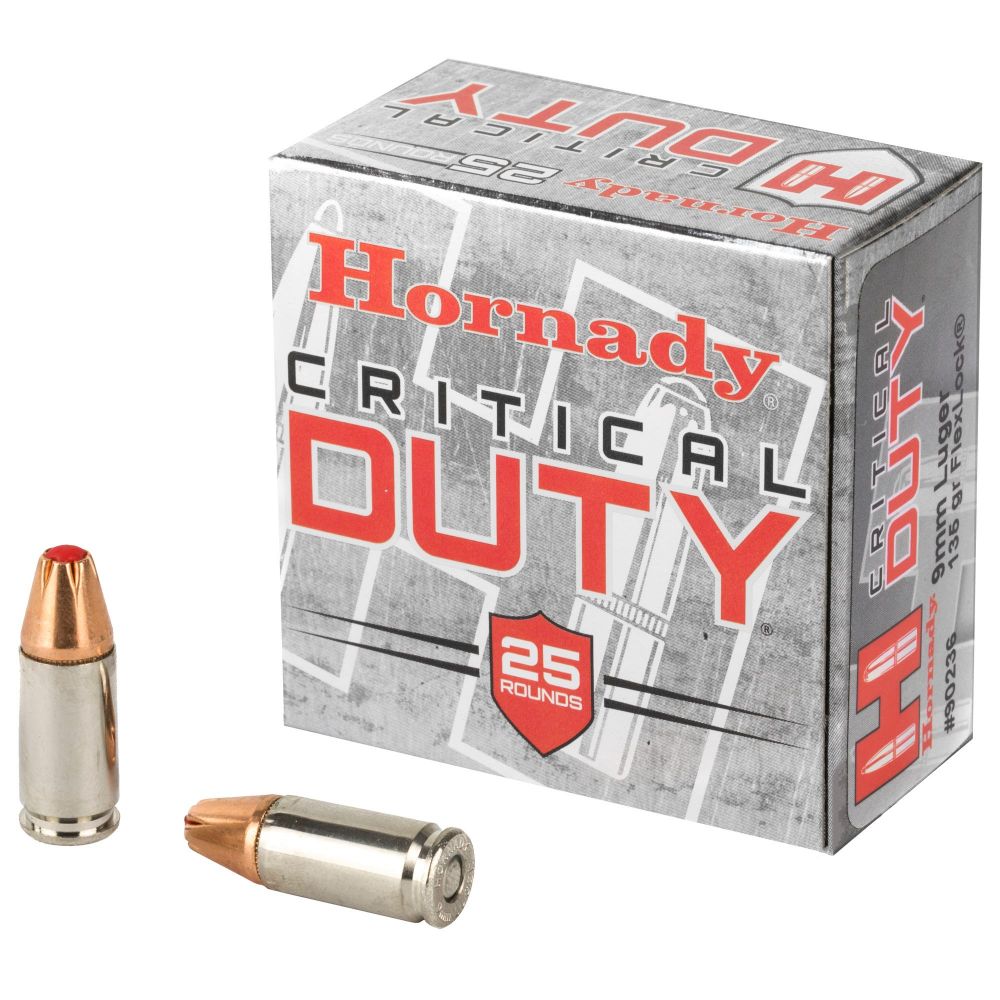 Hornady Critical Duty FlexLock 9mm Ammo 135gr25 Round Box - Nickel Plated Brass Casing