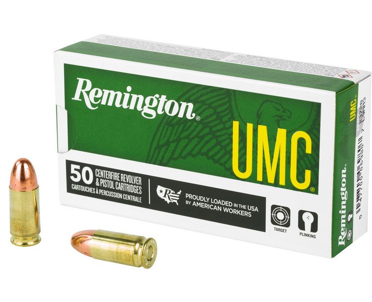 Remington UMC Full Metal Jacket 9mm Ammo 115 gr 50 Round Box - Brass Casing