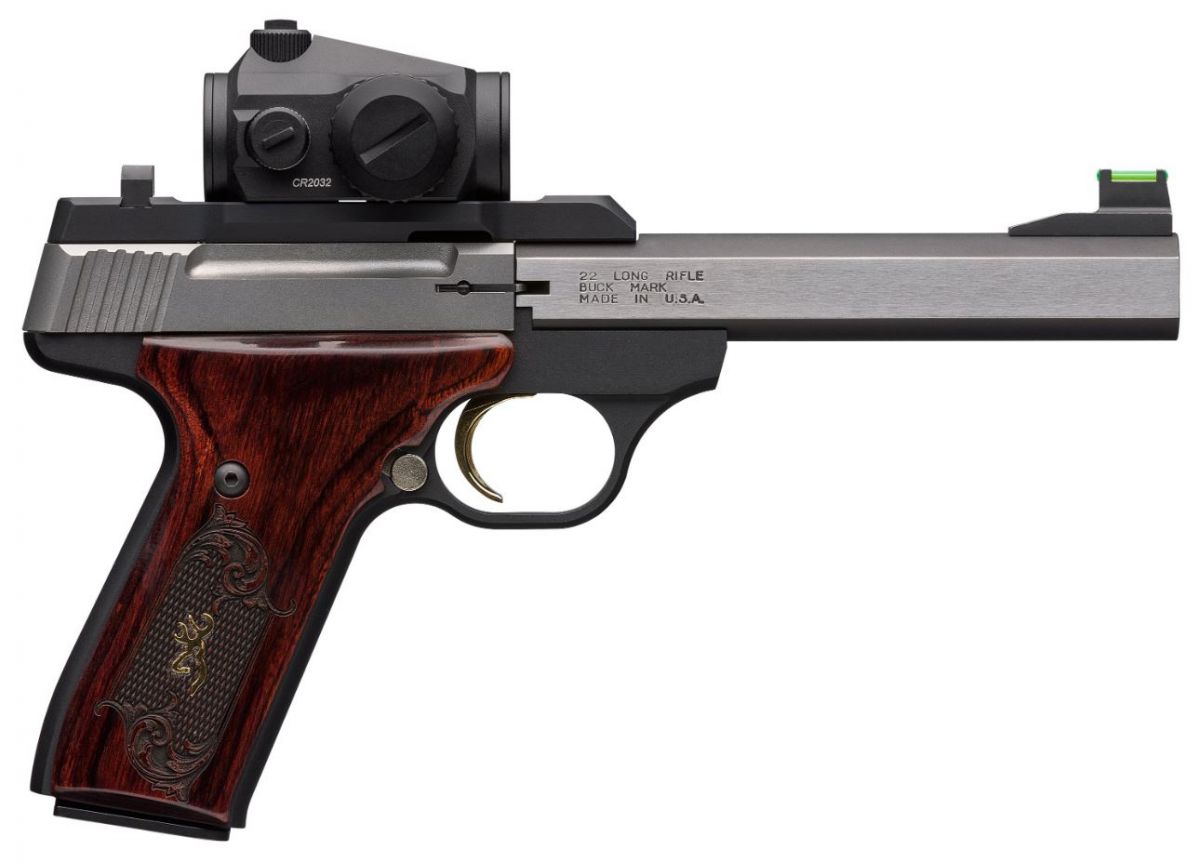 Browning Buck Mark Medallion 22 LR, 5.5" Barrel, Rosewood Laminate w/Gold Buckmark Grips, 10 Rounds - 10+1 Rounds | 5.5" Barrel | Optics Included Sights
