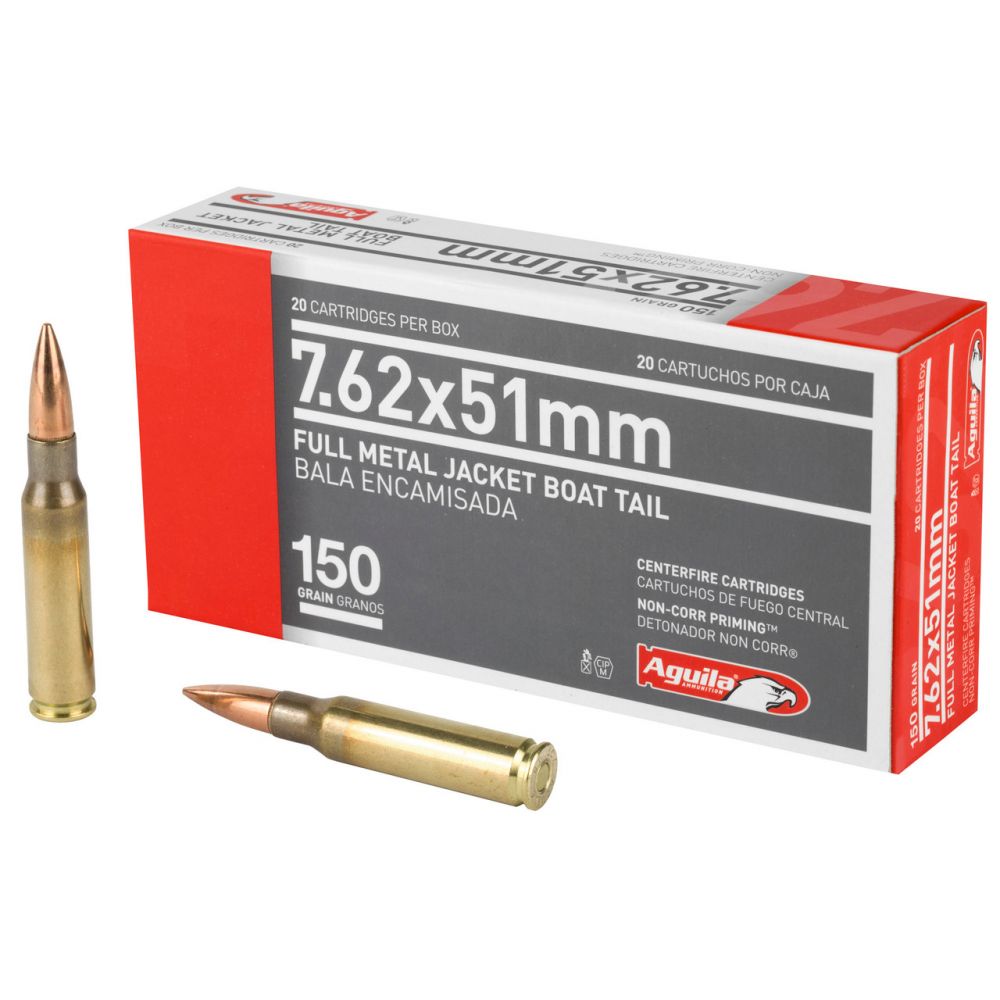 Aguila Target & Range Full Metal Jacket Boat Tail 7.62x51 Ammo 20 Round Box - Brass Casing