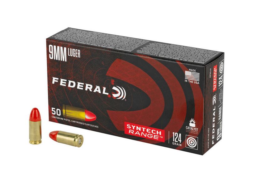 Federal American EagleTotal Syntech Jacket Flat Nose 9mm Ammo 50 Round Box - Brass Casing