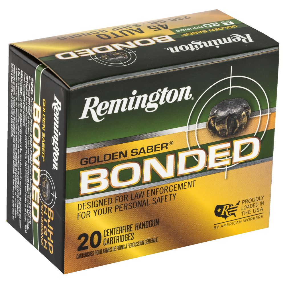 Remington Golden Saber Jacketed Hollow Point 45 ACP Ammo 20 Round Box - Nickel Plated Brass Casing