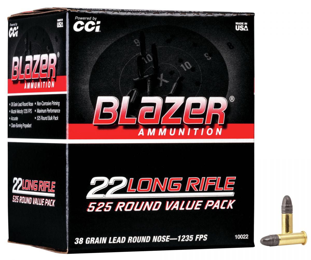 CCI 10022 Blazer Value Pack 22 LR 38 gr 1235 fps Lead Round Nose (LRN) 525 Bx/10 Cs - Brass Casing