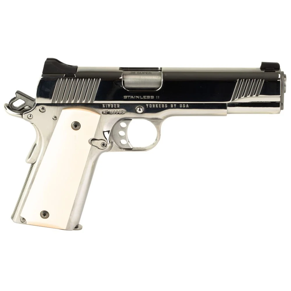 Kimber Stainless II High Polished .38 Super Semi Auto Pistol - 9+1 Rounds | 5" Barrel | Ivory/Pearl Grips | Stainless/Silver