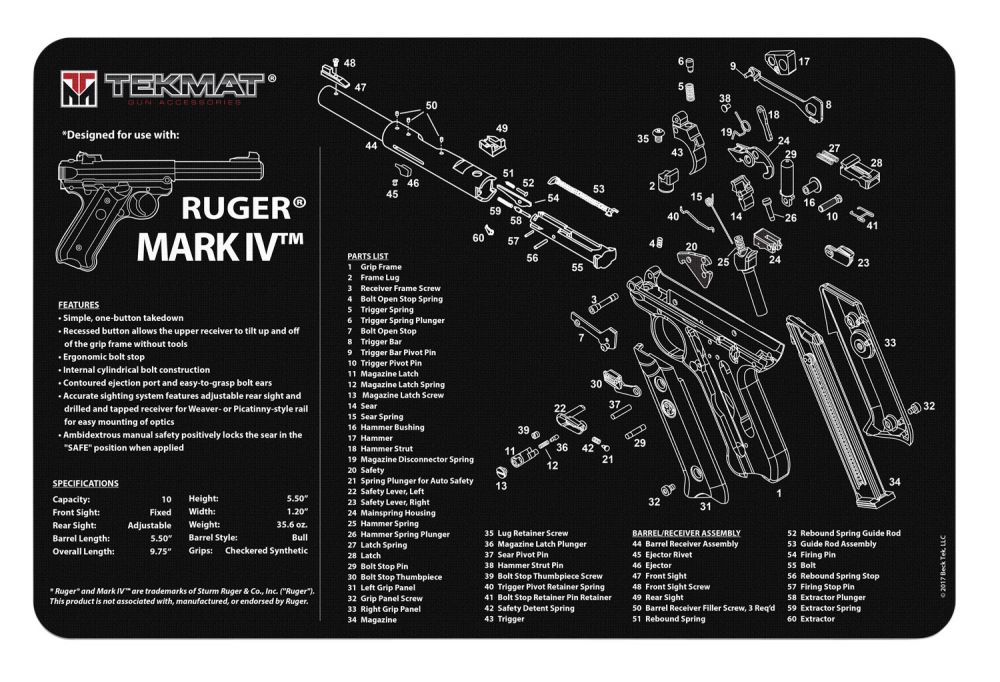 TekMat Original Cleaning Mat Ruger Mark IV Parts Diagram 11" x 17"