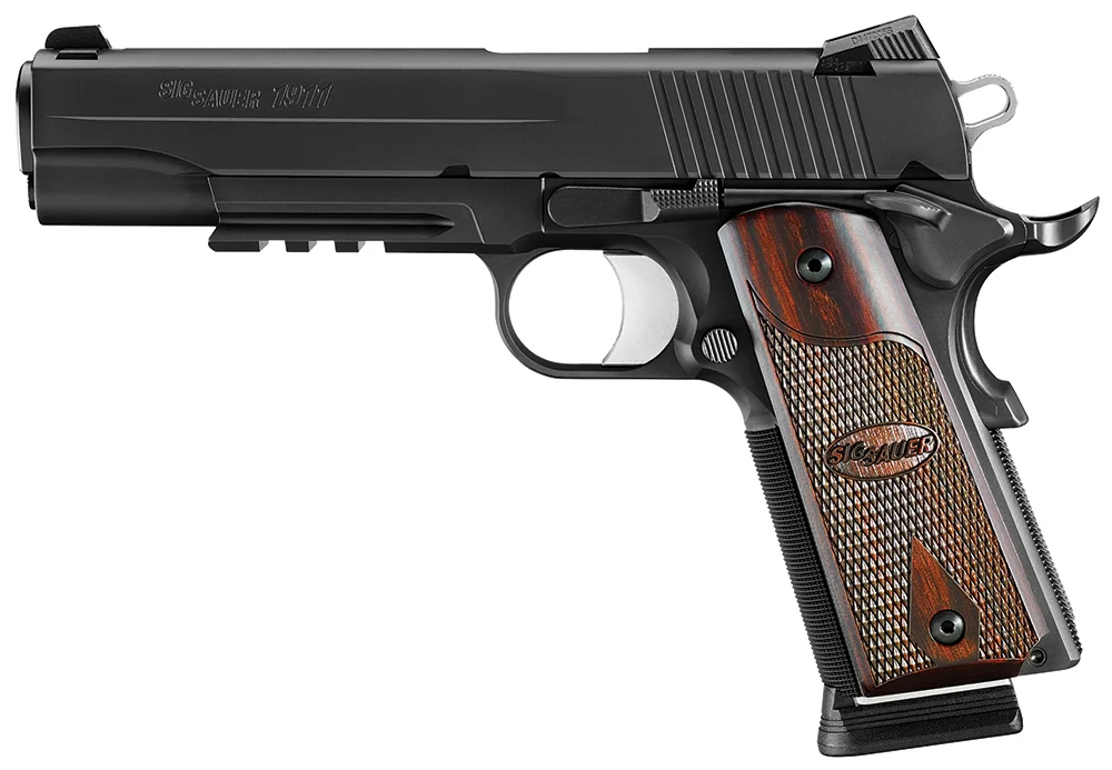 Sig Sauer 1911R-45-BSS-CA 1911 Nitron Rail CA Compliant 8+1 .45 ACP 5" - 8+1 Rounds | 5" Barrel | Wood Grips | Blue/Black | Night Sights