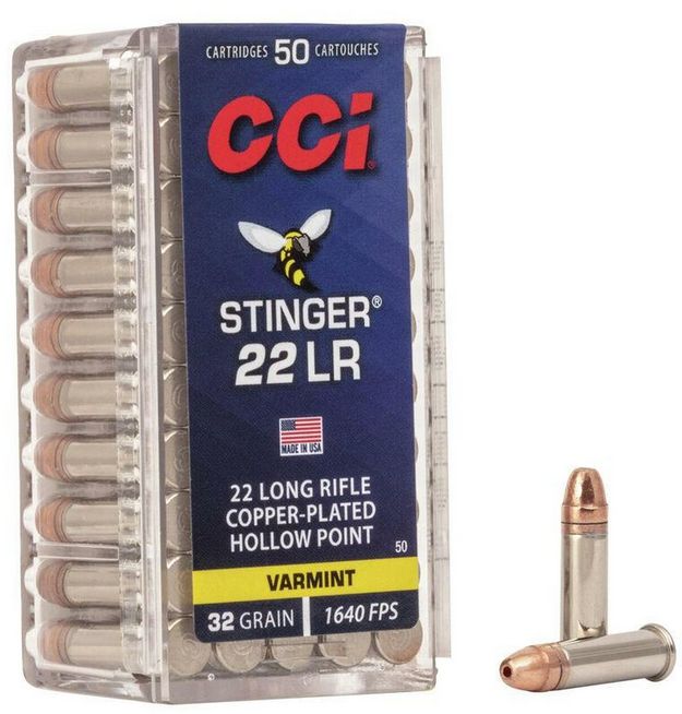 CCI Stinger Copper Plated Hollow Point 22 Long Rifle Ammo 50 Round Box - Brass Casing