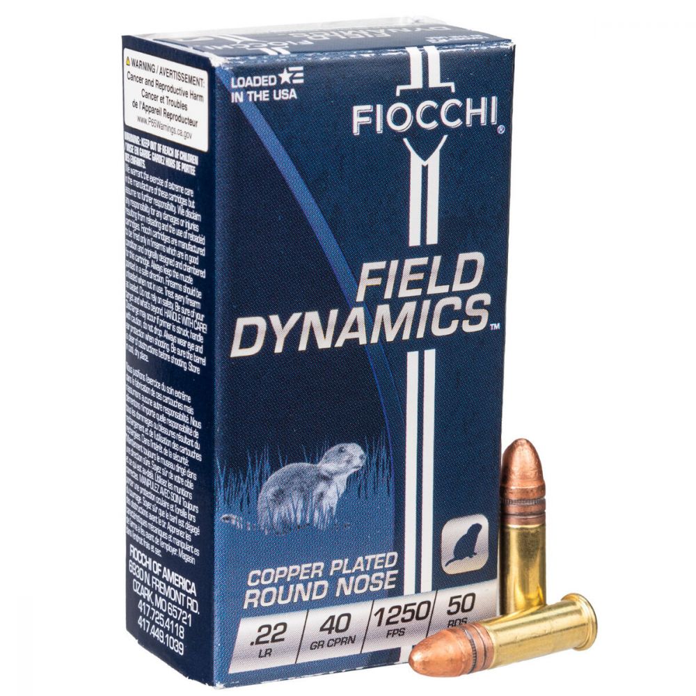 Fiocchi Field Dynamics 22 LR 40 gr Copper-Plated Solid Point 50 Bx/ 100 Cs - Brass Casing