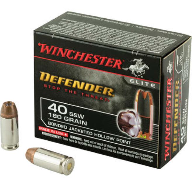 Winchester PDX1 Defender Bonded Jacket Hollow Point 40 S&W Ammo 20 Round Box - Nickel Plated Brass Casing