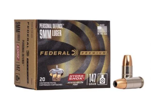 Federal Hydra-Shok Jacketed Hollow Point 20RD 147gr 9mm - Nickel Plated Brass Casing