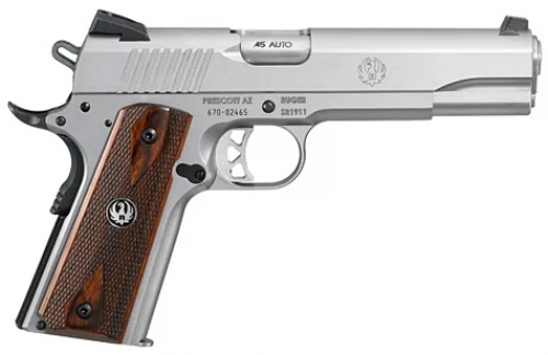 Ruger SR1911 8+1 .45 ACP 5" - 8+1 Rounds | 5" Barrel | Wood Grips | Stainless/Silver | 3-Dot Sights