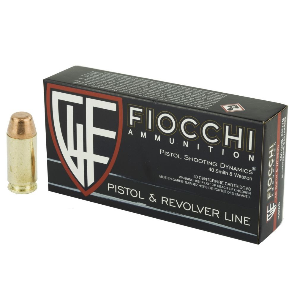 Fiocchi Shooting Dynamics Full Metal Jacket 40 S&W Ammo 180gr Flat Nose 50rd box - Brass Casing