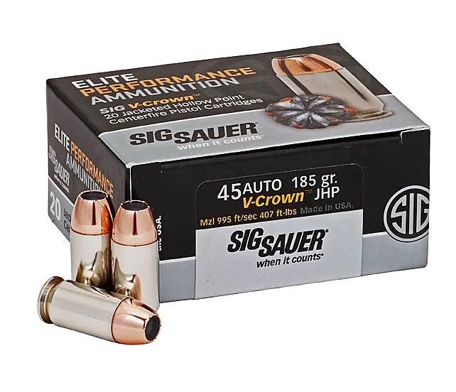 Sig Sauer AMMO V-CROWN 45 ACP 185GR JHP 20RD BOX - Brass Casing
