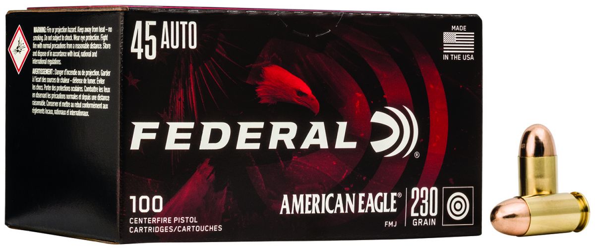 Federal American Eagle Full Metal Jacket 45 ACP Ammo 100 Round Box - Brass Casing