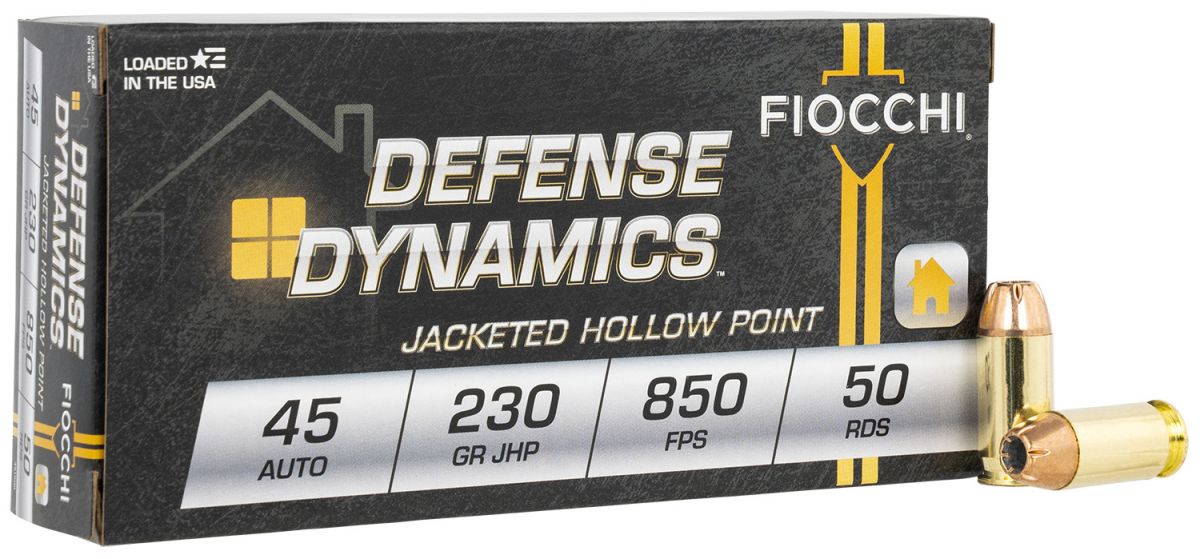 Fiocchi Defense Dynamics45 ACP AmmoJacketed Hollow Point 230gr 50 Round Box - Brass Casing