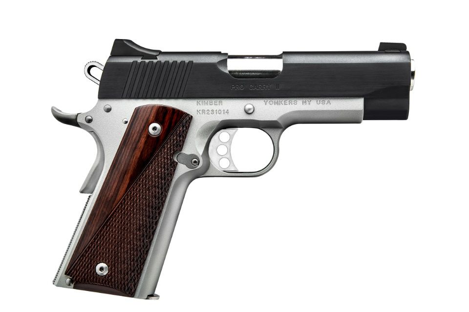 Kimber Pro Carry II Two Tone 45 ACP Pistol - 7+1 Rounds | 4" Barrel | Wood Grips | Stainless/Silver | 3-Dot Sights