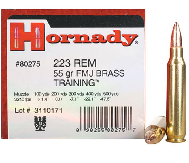 Hornady Custom223 Remington Ammo 55gr Full Metal Jacket Boat Tail50 Round Box - Brass Casing