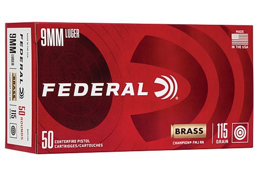 Federal Champion 9mm 115gr Full Metal Jacket 50rd box - Brass Casing