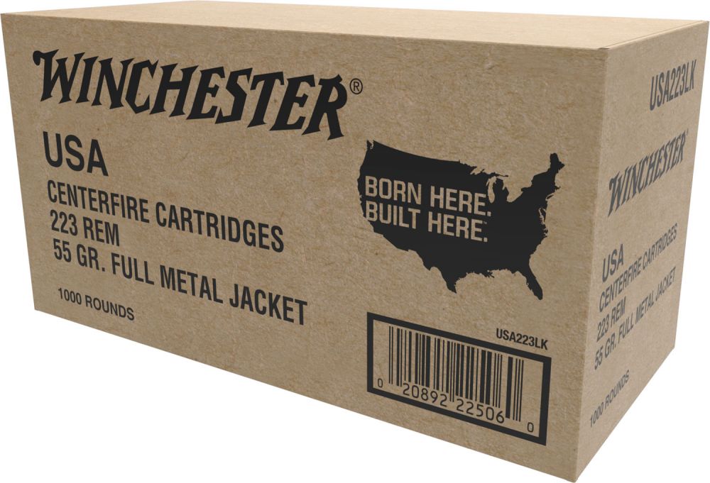 Winchester USA 223 Remington 55gr FMJ Ammo 1000 Round case - Brass Casing