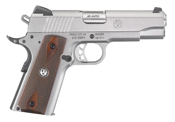 Ruger SR1911 7+1 .45 ACP 4.25" - 7+1 Rounds | 4.25" Barrel | Wood Grips | Stainless/Silver | 3-Dot Sights