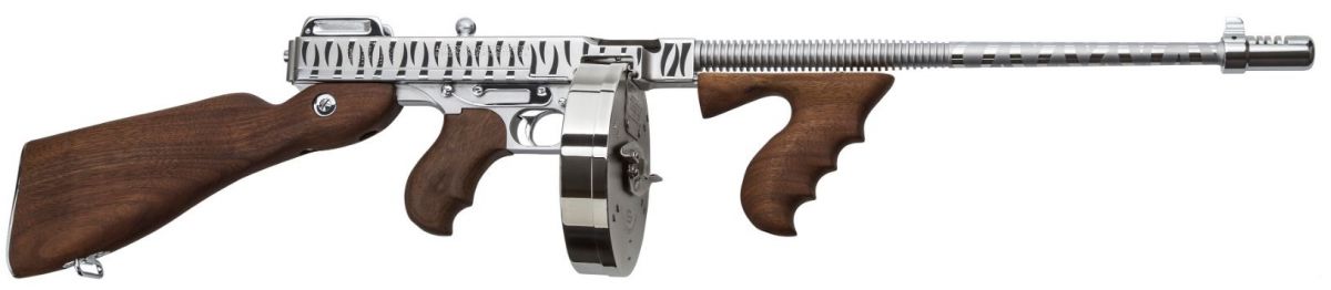Thompson 1927A-1 Deluxe .45 ACP 16.5" Hard Chrome Tiger Stripe 20+1 (Stick), 50+1 (Drum) Walnut Stock - 20 Rounds | 16.5" Barrel | Walnut Stock | Wood | Stainless/Silver