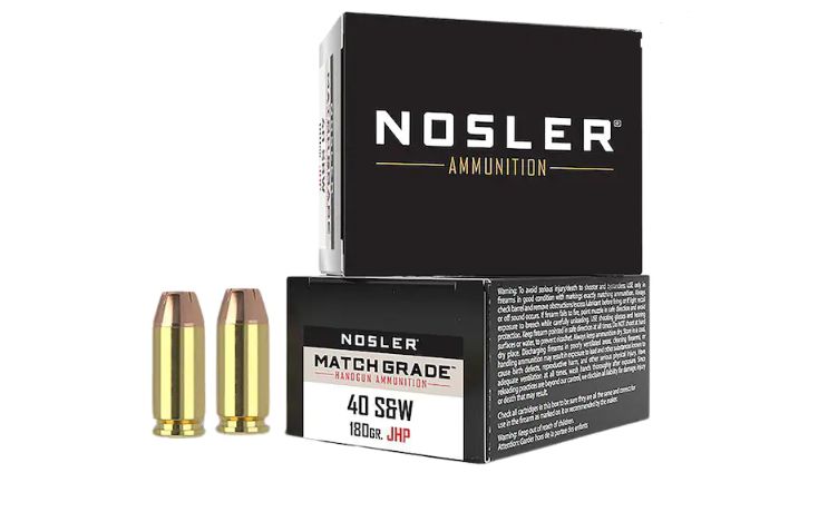 Nosler Match Grade Jacketed Hollow Point 40 S&W Ammo 180 gr 50 Round Box - Brass Casing