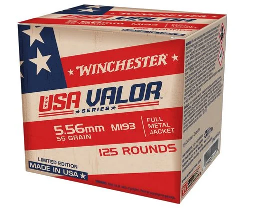 Winchester USA Valor Full Metal Jacket 5.56x45mm NATO Ammo 55 gr 125 Round Box - Brass Casing