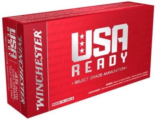 Winchester USA Ready Full Metal Jacket Flat Nose 45 ACP Ammo 50 Round Box - Brass Casing