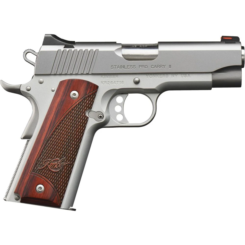 Kimber Stainless Steel Pro Carry II 9mm Semi Auto Pistol - 9 Rounds | 4" Barrel | Wood Grips | Stainless/Silver | 3-Dot Sights