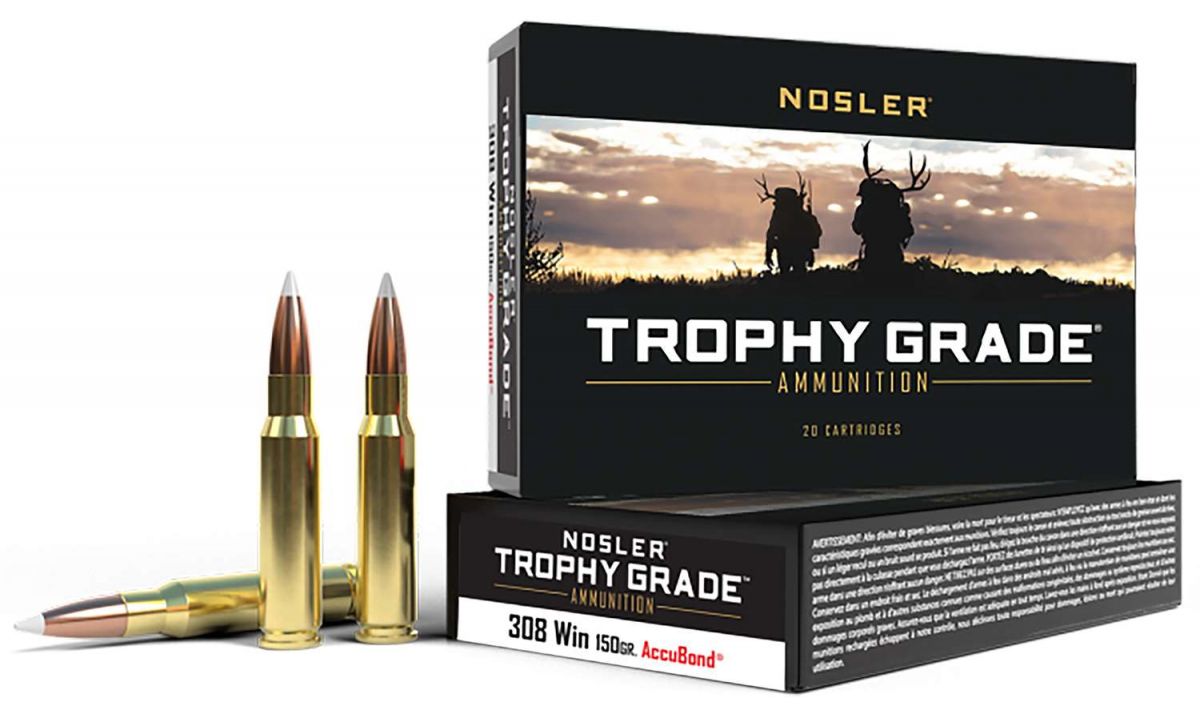 Nosler Trophy Grade Accubond Tip 308 Winchester Ammo 150 gr 20 Round Box - Brass Casing