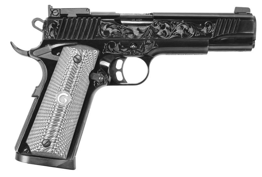 Girsan MC1911 Match Lux 45 ACP 5" 8+1 Overall Black Chrome Engraved Stainless Steel Frame & Slide - 8+1 Rounds | 5" Barrel | Ivory/Pearl Grips | Blue/Black | 3-Dot Sights