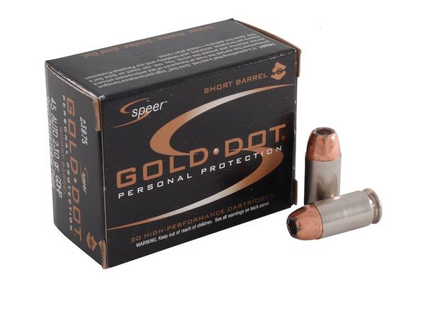 Speer Gold Dot Personal Protection 45 ACP Ammo230 GR Hollow Point 20rd box - Nickel Plated Brass Casing