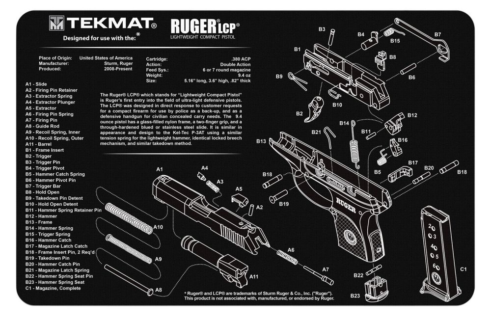 TekMat Original Cleaning Mat Ruger LCP Parts Diagram 11" x 17"