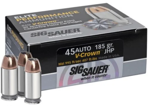 Sig Sauer Elite Performance V-Crown .45 ACP 185 GR Jacketed Hollow Point 50 Bx/ 20 Cs - Nickel Plated Brass Casing