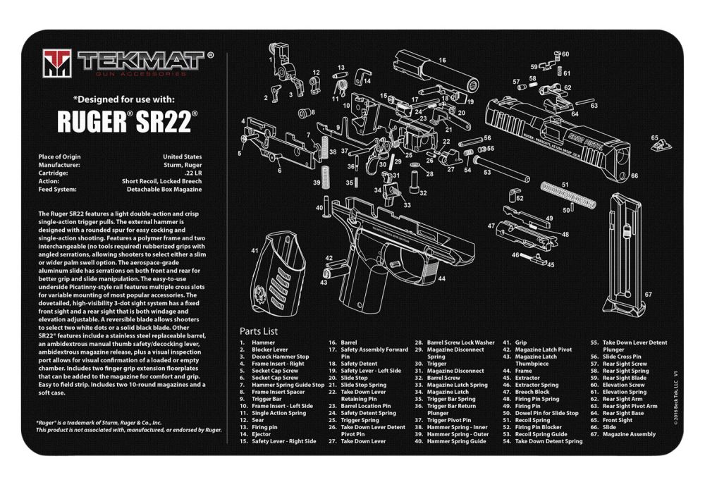 TekMat Original Cleaning Mat Ruger SR22 Parts Diagram 11" x 17"