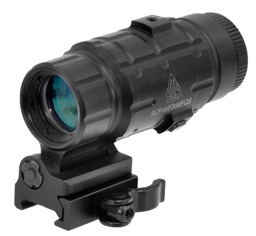 UTG Magnifier 3x 25mm Obj 2" Eye Relief Black - 2" Eye Relief | 45 ft @ 100 yds Field of View | 1x/3x Adjustable Magnification | 4" Length