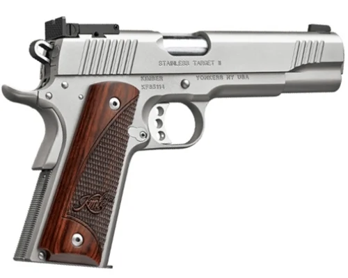 Kimber Stainless Target II 45 ACP Pistol - 7+1 Rounds | 5" Barrel | Wood Grips | Stainless/Silver | 3-Dot Sights