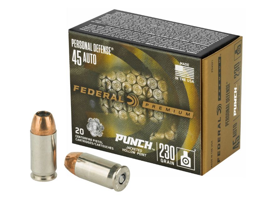 Federal Premium Personal Defense Punch Jacketed Hollow Point 45 ACP Ammo 230gr20 Round Box - Brass Casing