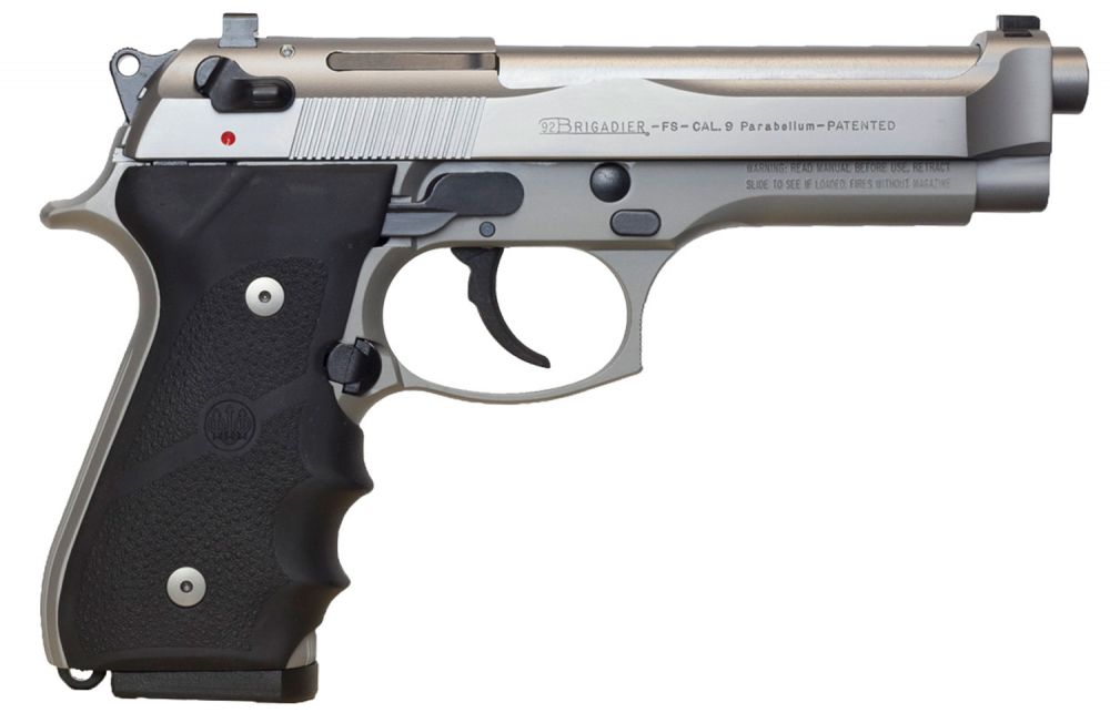 Beretta USA 92FS Brigadier *CA Compliant 9mm Luger 4.90" 10+1 Satin Stainless Steel Slide Black Hogue Wraparound Rubbe - 10+1 Rounds | 4.9" Barrel | Rubber Grips | Stainless/Silver