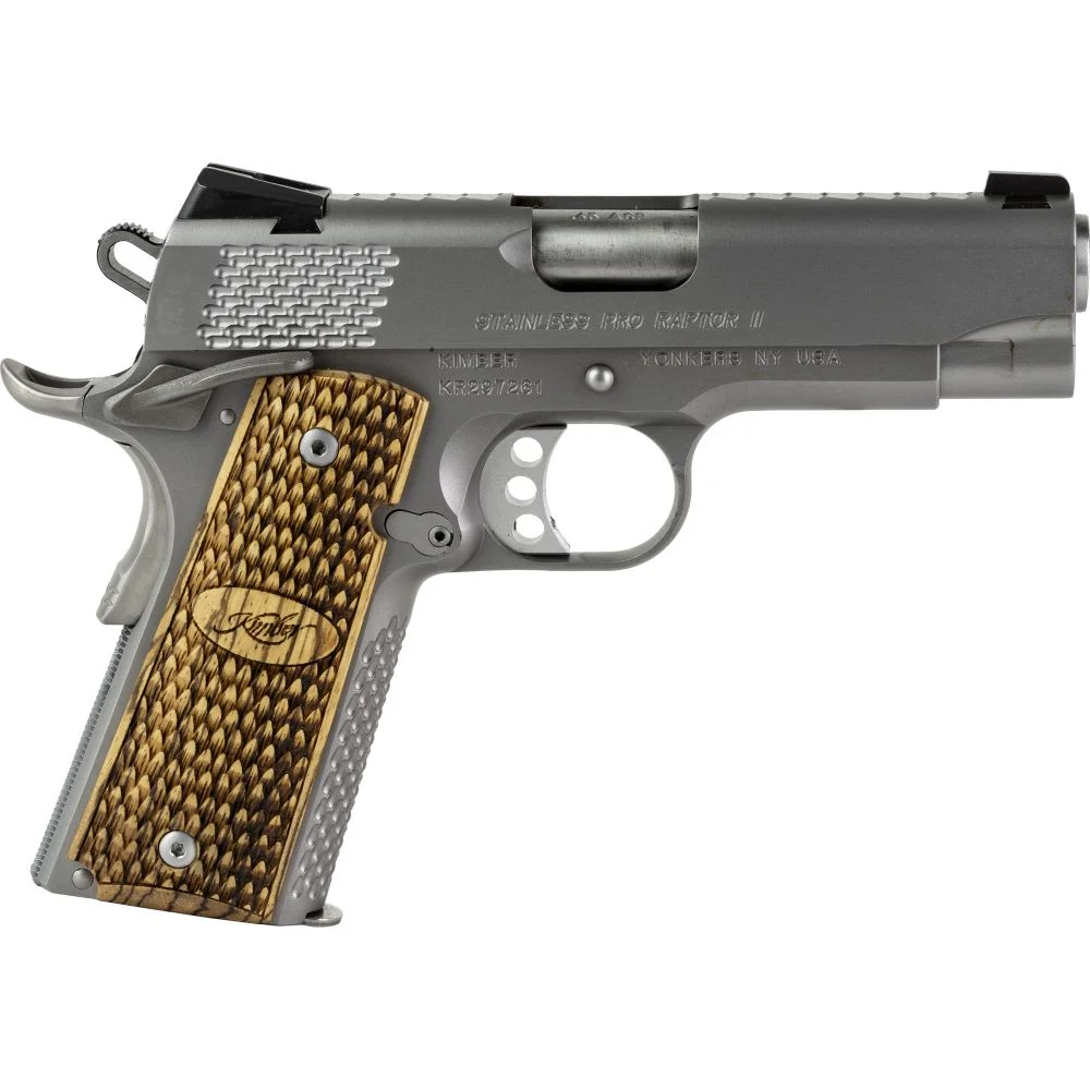 Kimber Stainless Pro Raptor II 1911 .45 ACP Semi Auto Pistol - 8+1 Rounds | 4" Barrel | Wood Grips | Stainless/Silver | Night Sights