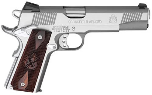 Springfield Armory 1911-A1 Loaded .45 ACP Semi Auto Pistol - 7+1 Rounds | 5" Barrel | Wood Grips | Stainless/Silver | 3-Dot Sights